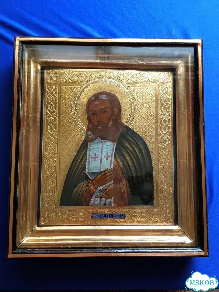 Икона старинная Серафим Саровский.Золото.Кипарис фото 1