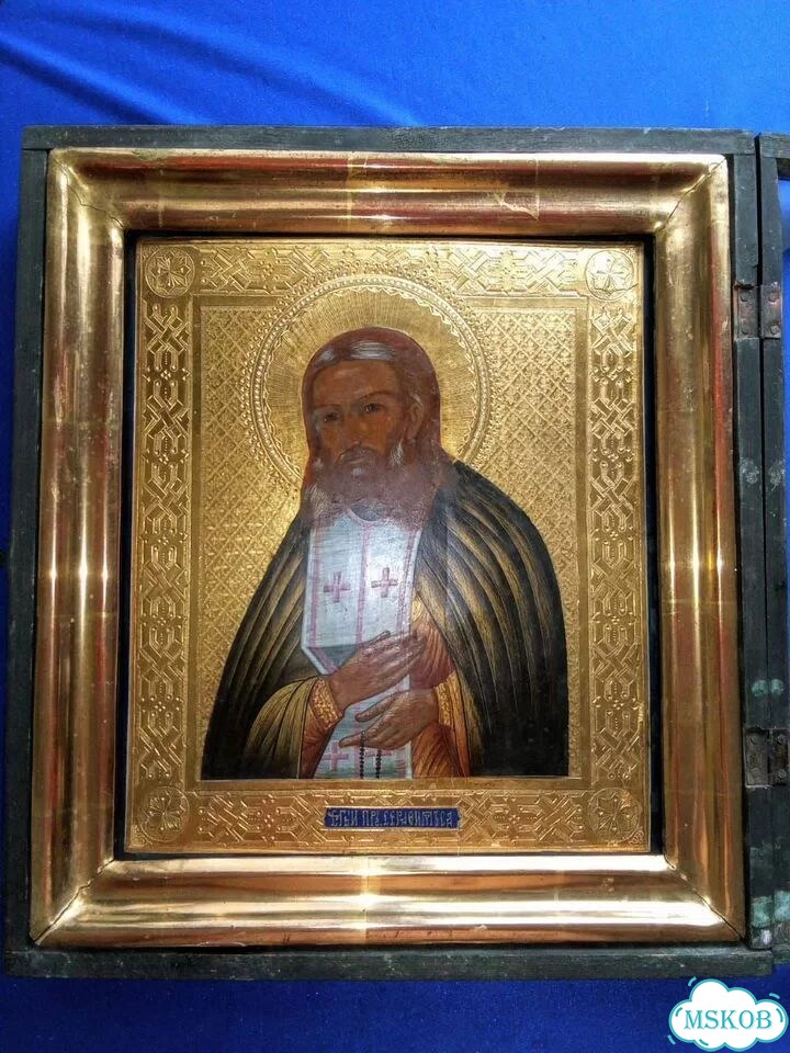 Икона старинная Серафим Саровский.Золото.Кипарис фото 2