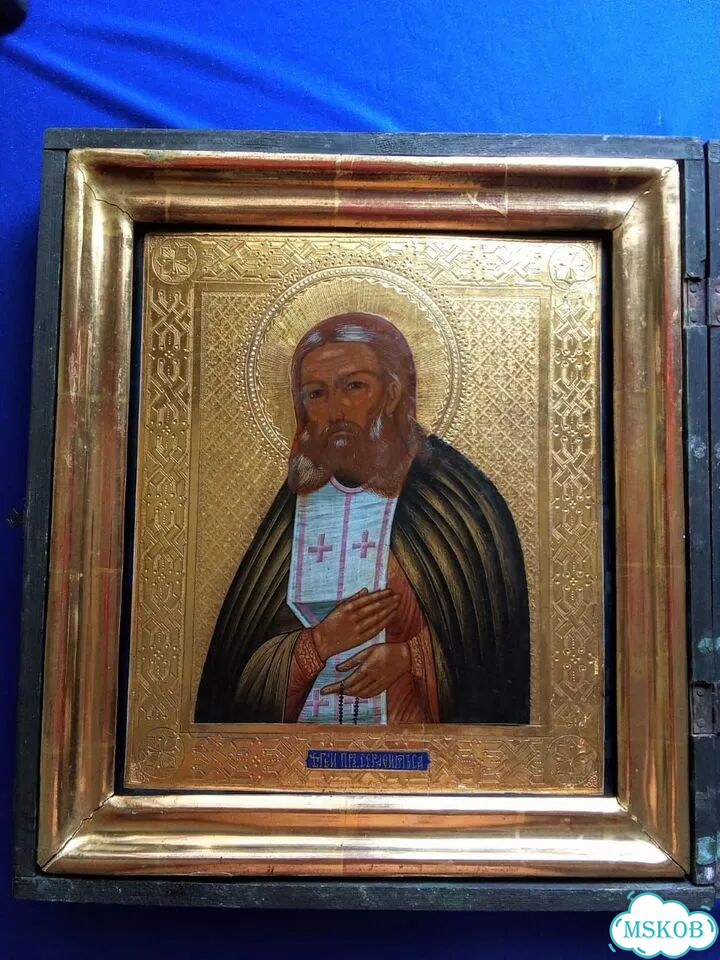 Икона старинная Серафим Саровский.Золото.Кипарис фото 3