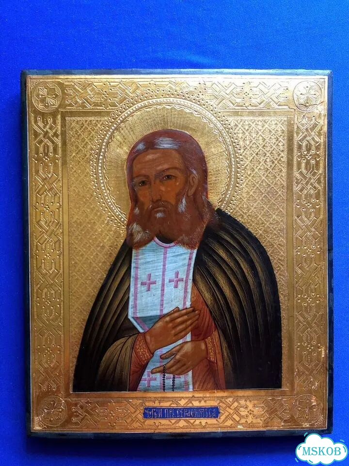 Икона старинная Серафим Саровский.Золото.Кипарис фото 5
