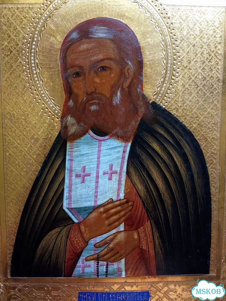 Икона старинная Серафим Саровский.Золото.Кипарис фото 7