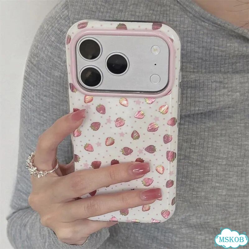 Корейский красочный чехол INS с клубникой для iPhone 17, 17 Pro, 17 Pro Max, 16 Pro, iPhone17, White фото 1