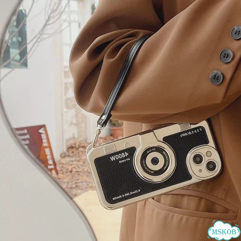 Чехол для iPhone 15 Pro в стиле ретро с ремешком, черный фото 3