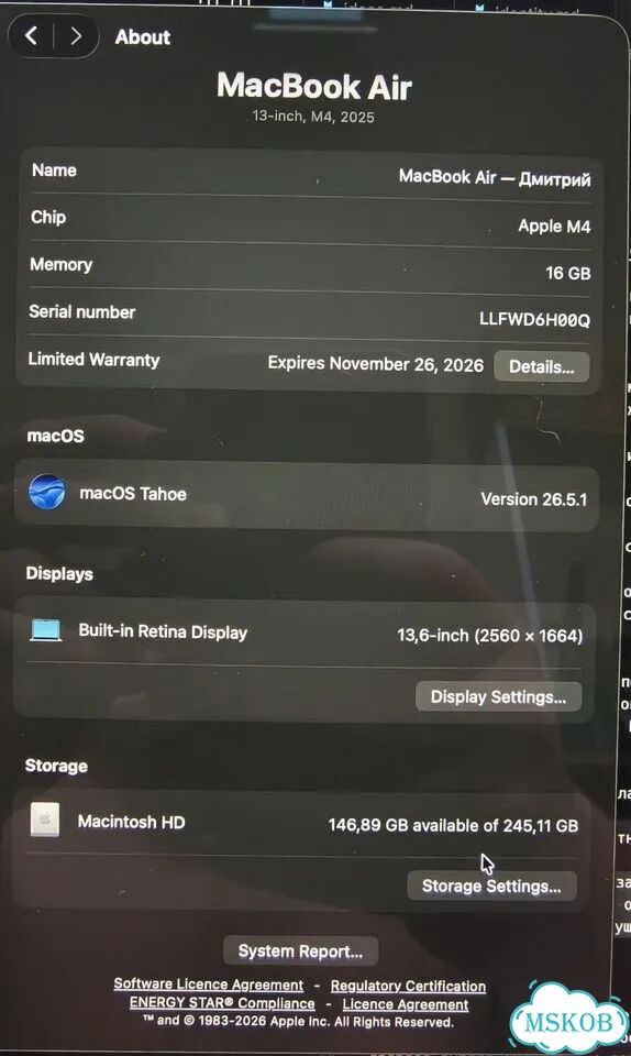 MacBook air m4 16/256 sky blue 10 циклов акб фото 6