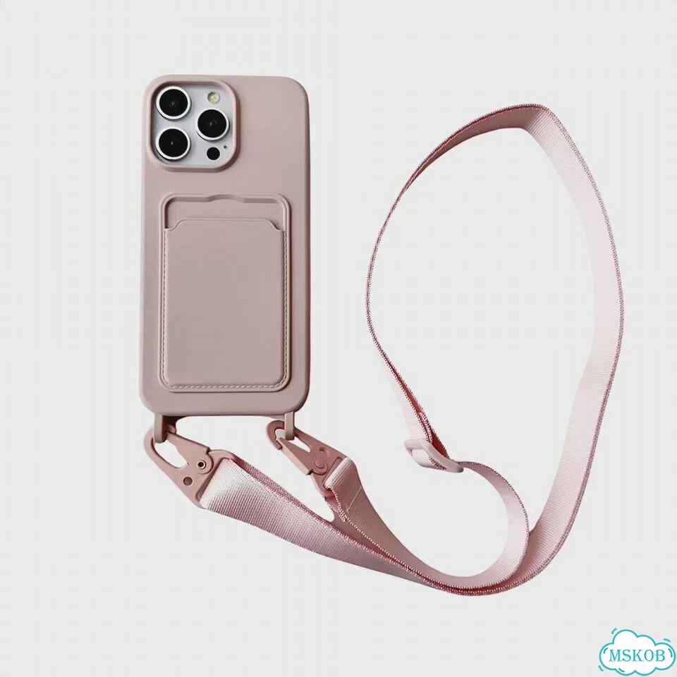 Розовый чехол для iPhone 14-13 с ремешком и слотом фото 1