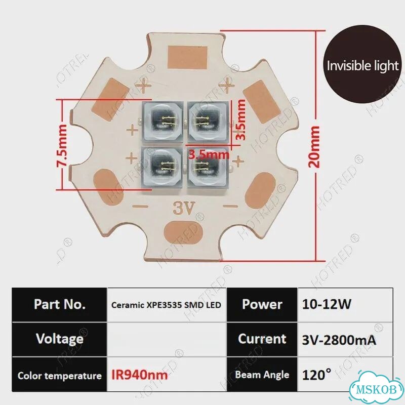 Ик светодиодный чип HotRed 10Вт 940nm 120 фото 1