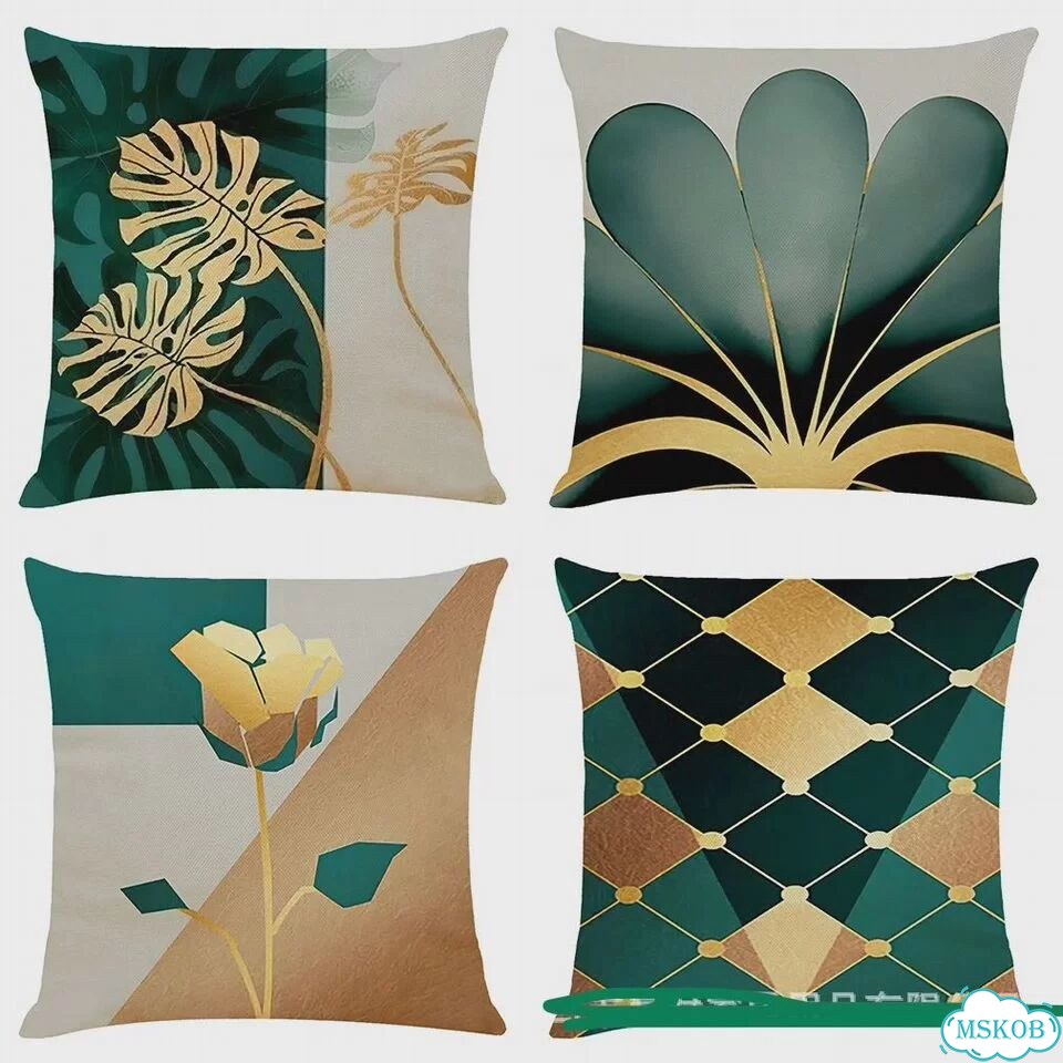 Декоративная подушка для дома Ins Gold Geometry Plant из 35x35cm only cover, Бирюзовый, 024 фото 2