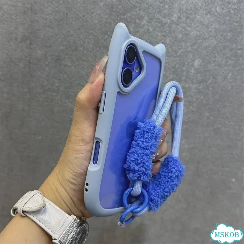 Чехол для iPhone 15 ProMax синий плюшевый с ушками фото 1