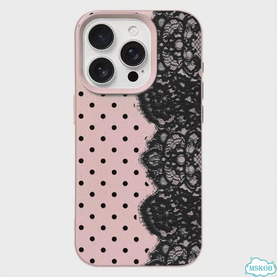 Розовый чехол для iPhone 17 с кружевом и горошком фото 1