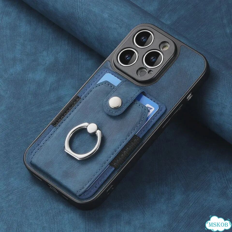 Кожаный чехол на iPhone 13 синий с кольцом и слотом для карт фото 1