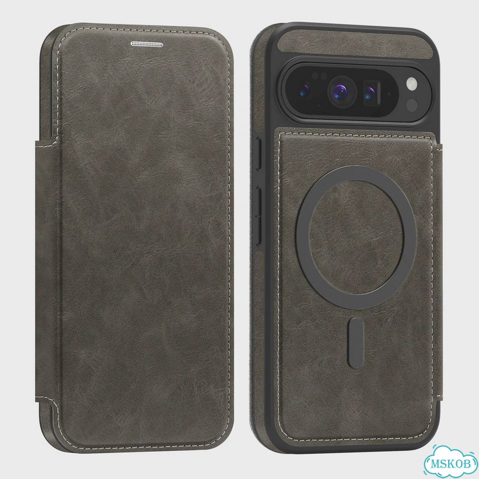 Кожаный чехол-книжка для Google Pixel 9, серый, Magsafe фото 1