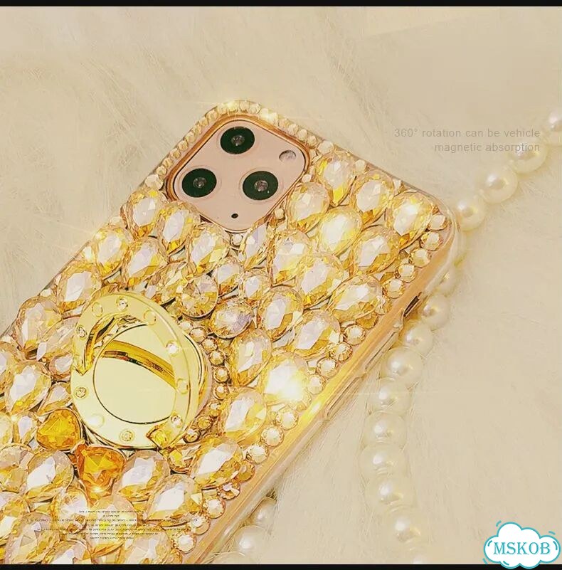 Чехол iPhone с кристаллами и ремешком, золотой, IP 17 фото 5