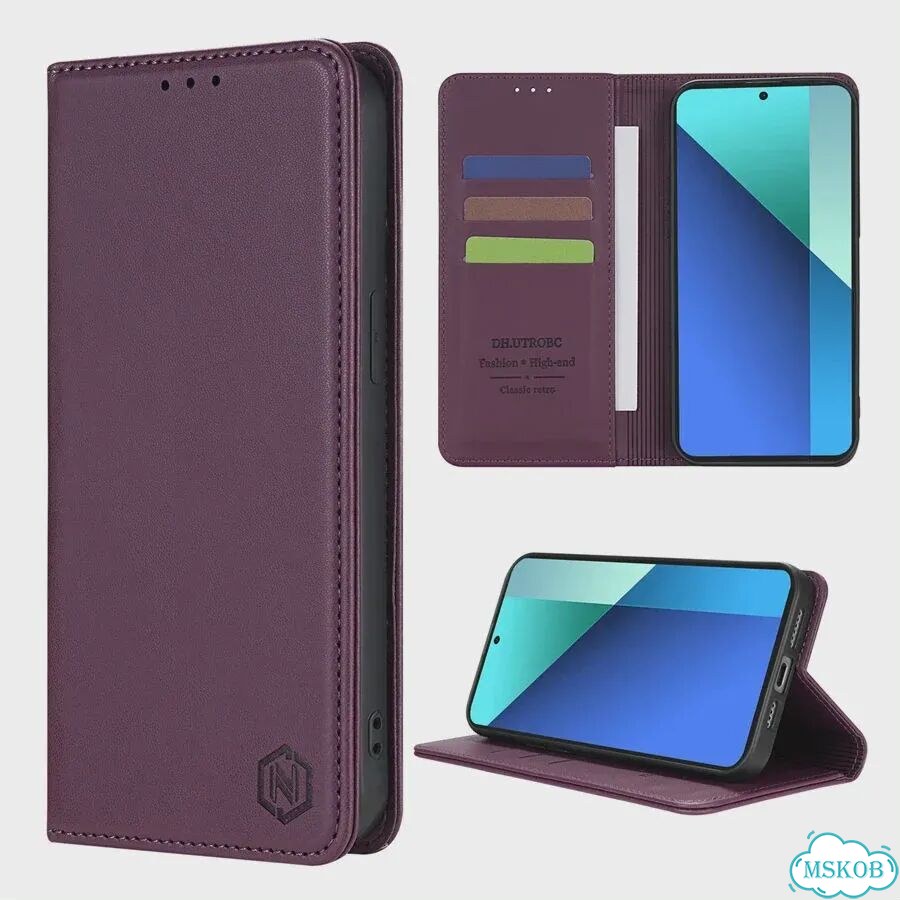 Кожаный чехол-книжка с магнитным слотом для Xiaomi Redmi Фиолетовый, Wine red, Redmi Note 10 (10S) фото 1