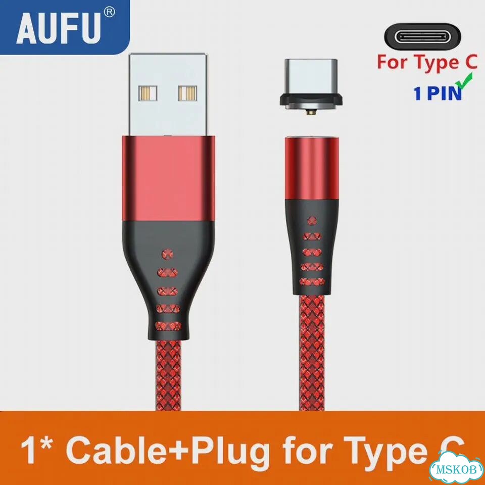 Aufu 1-контактный магнитный кабель USB типа C для iPhone Huawei oppo Vivo Poco 2 м, Red for Type C фото 1