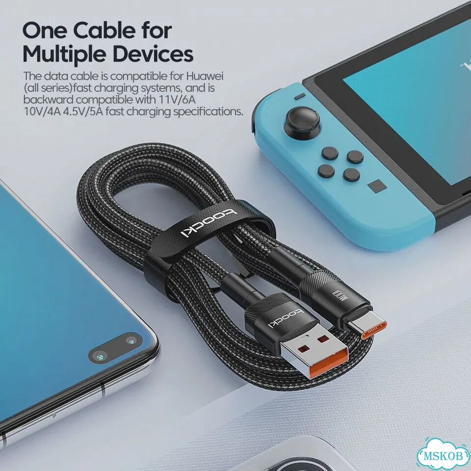 Toocki 6A USB-кабель типа C для Xiaomi poco Samsung Huawei 100 Вт, Зеленый, 1m x 5, Type C Green фото 4