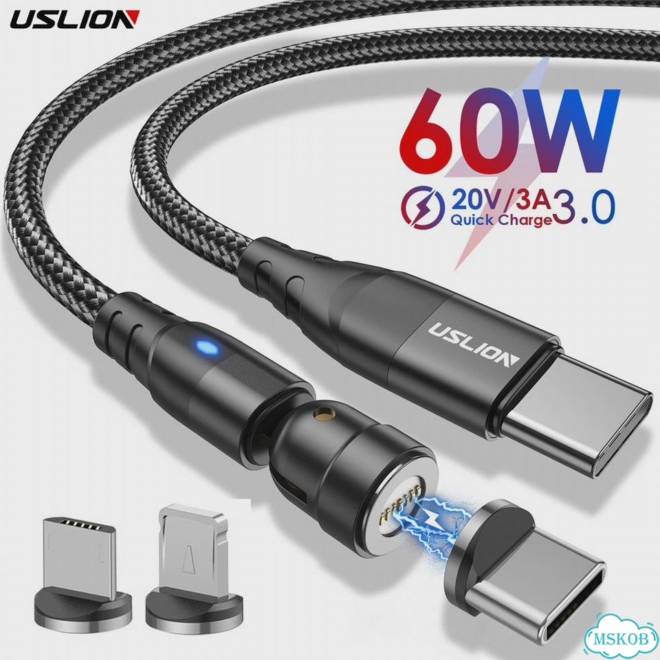 Uslion 60 Вт Магнитный кабель для быстрой зарядки PD Кабель для быстрой зарядки 1 м, Black Micro фото 2