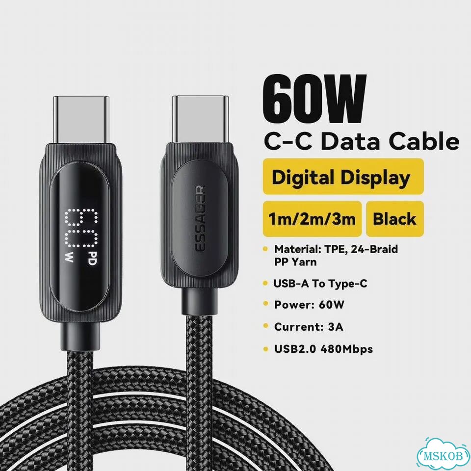 Essager USB Type C к USB C-кабелю 100 Вт 5A PD Шнур для быстрой зарядки для 1 м, 60W C To C Black фото 1