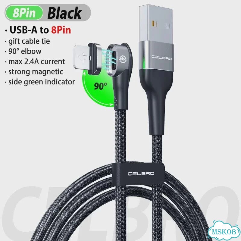 Магнитный кабель 90 градусов Micro USB Type C Кабель для быстрой зарядки для Черный, 1m, 8Pin Black фото 1