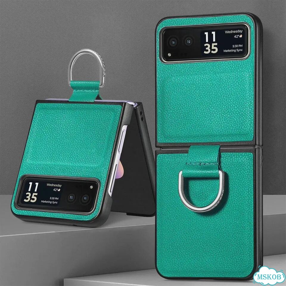 Чехол с кольцом для Motorola Razr 60 Ultra, зеленый, кожа фото 1