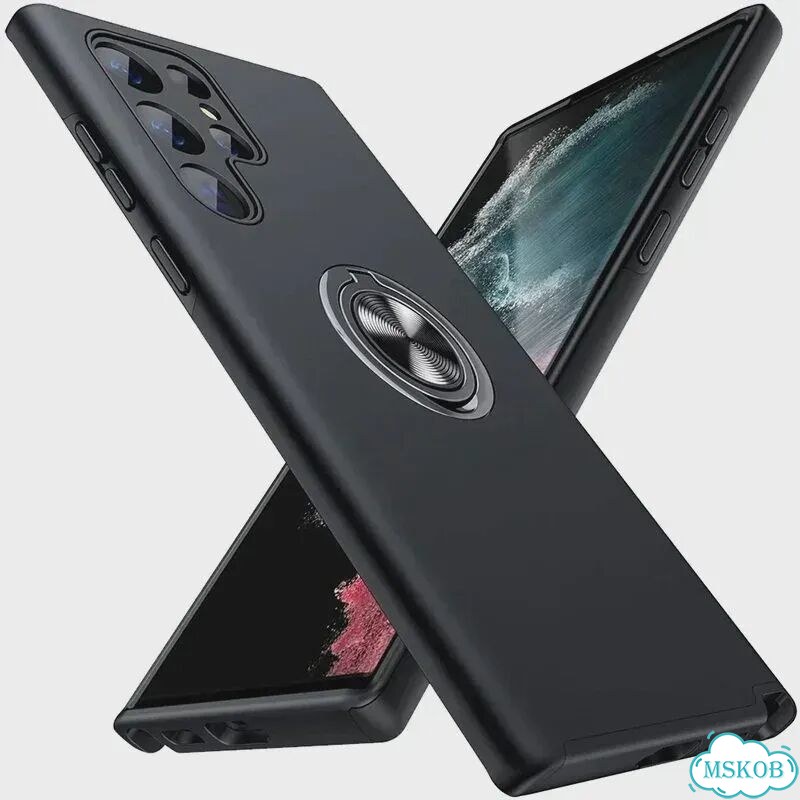 Черный противоударный чехол с кольцом для Samsung Galaxy S22 Ultra фото 1
