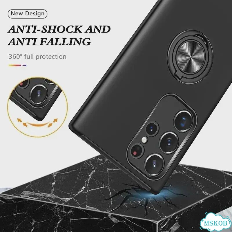 Черный противоударный чехол с кольцом для Samsung Galaxy S22 Ultra фото 5