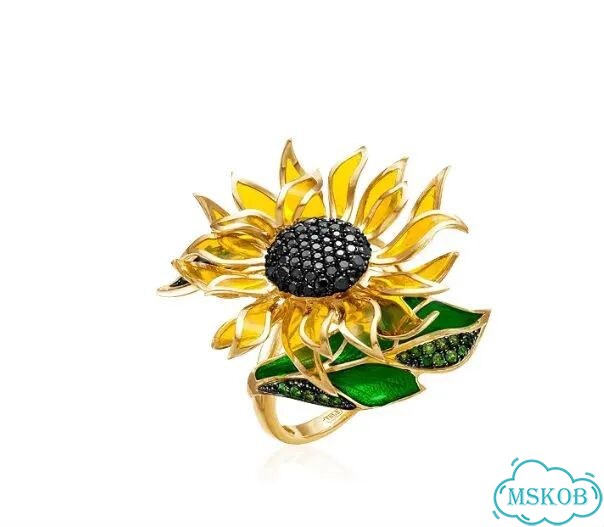 Кольцо подсолнух из желтого золота 585 пробы фото 1
