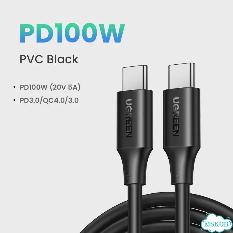 Кабель ugreen USB Type-C - USB-C 60W/100W для ноутбуков, MacBook, Черный, 2m 2Pcs, 100W PVC Black фото 1