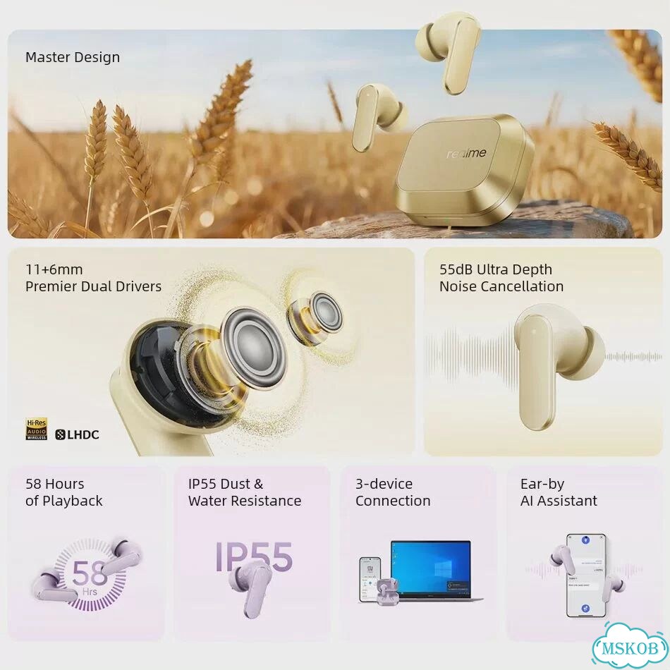 Realme Buds Air 8 Беспроводные наушники с шумоподавлением Фиолетовый, mastergreynbluecase фото 3