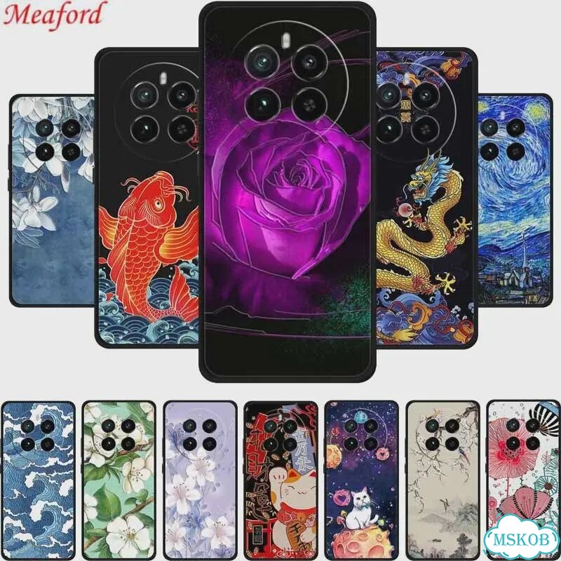 Чехол для Realme 12 Plus, черный, цветочный принт фото 2