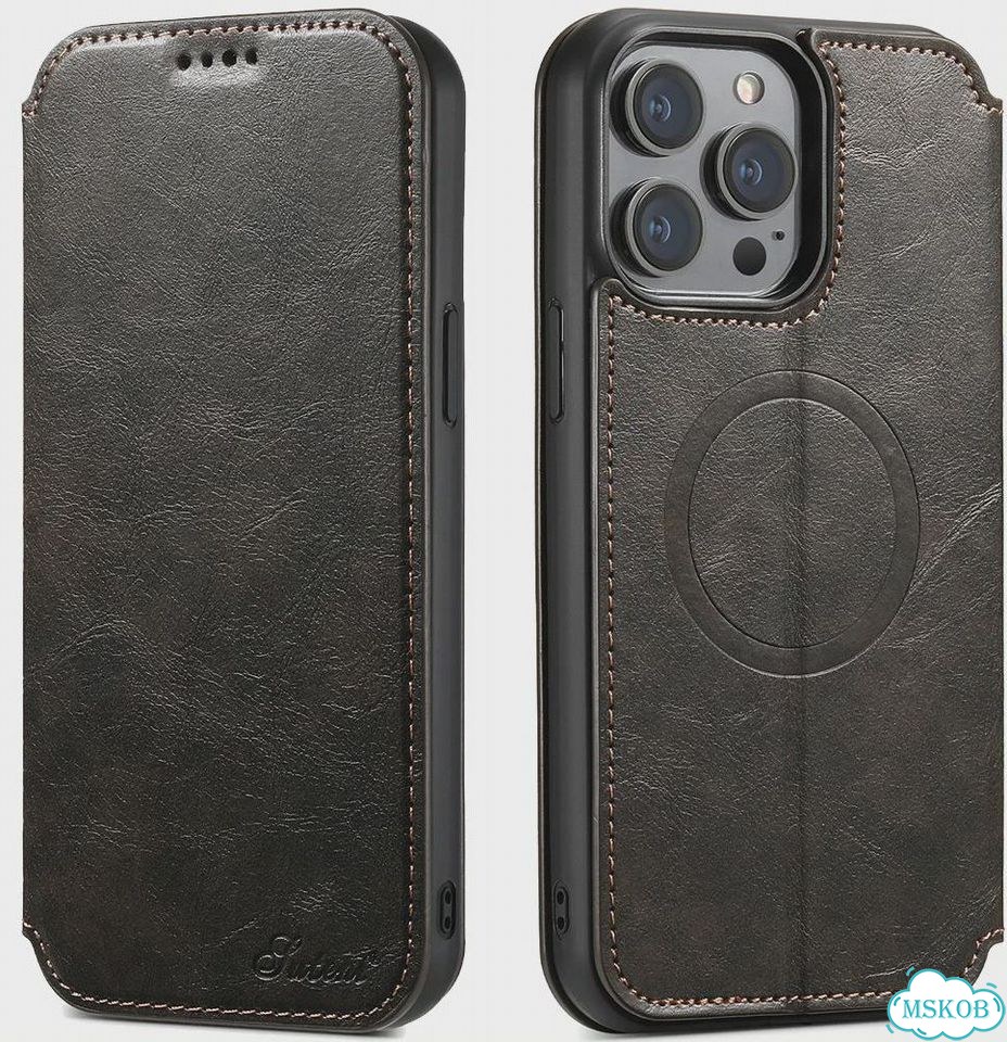 Черный чехол-книжка для iPhone 16 Plus из воловьей кожи фото 1