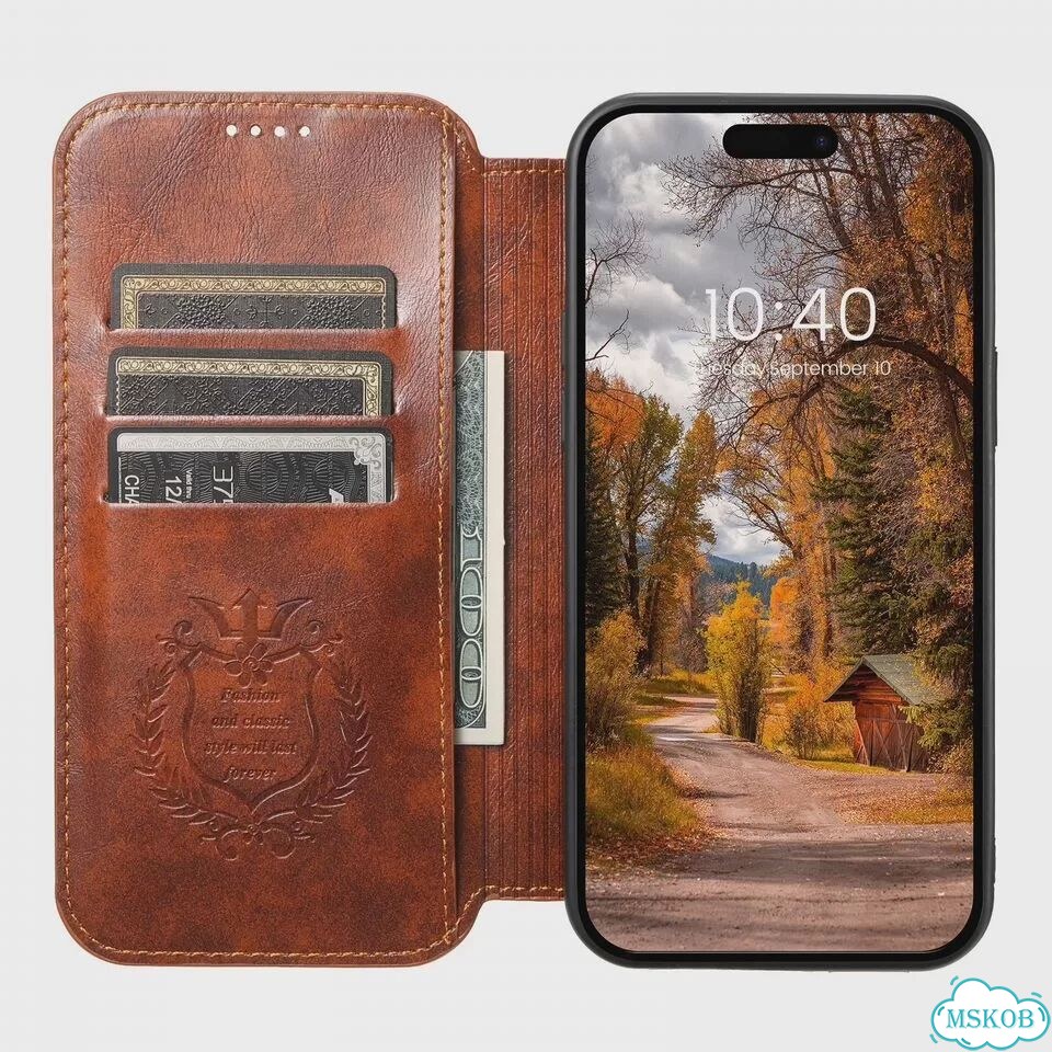 Черный чехол-книжка для iPhone 16 Plus из воловьей кожи фото 6