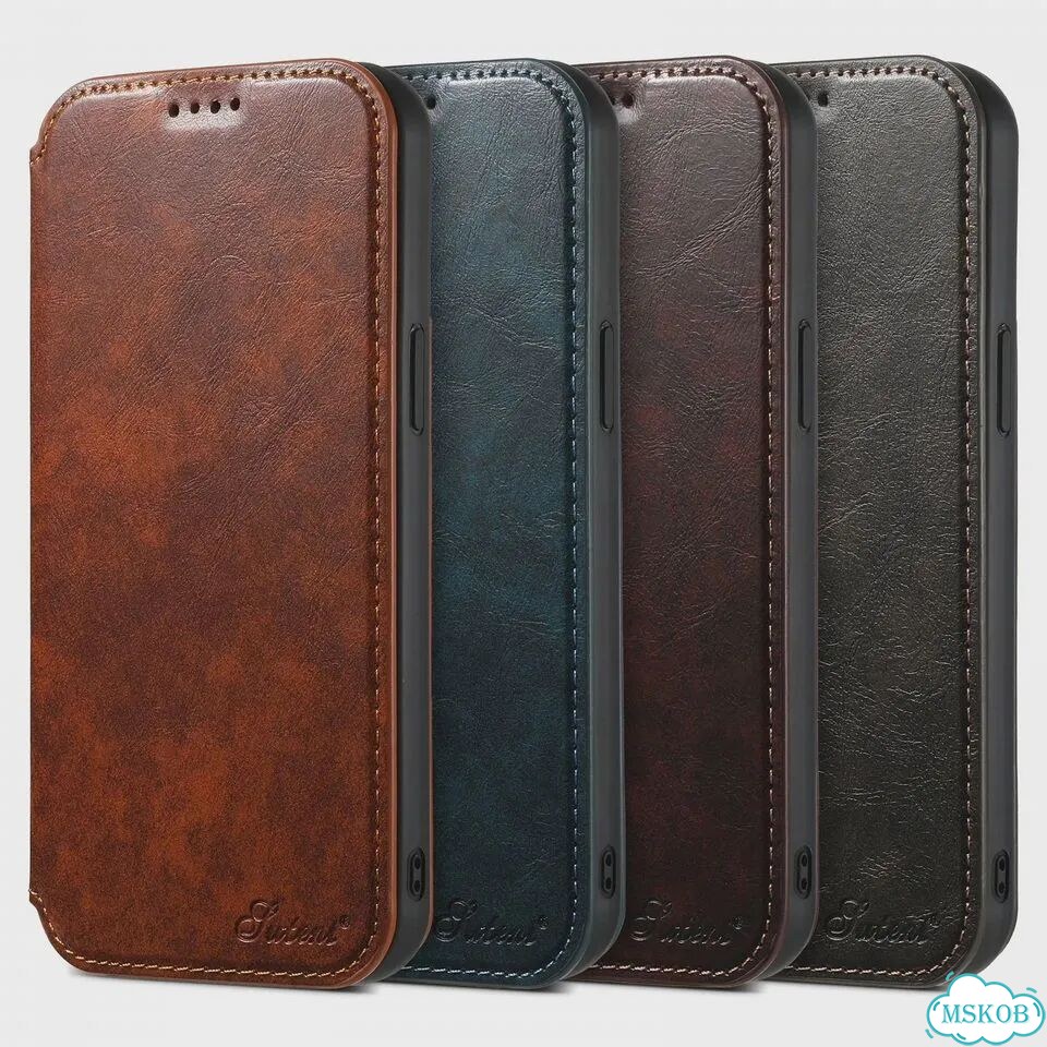 Черный чехол-книжка для iPhone 16 Plus из воловьей кожи фото 7