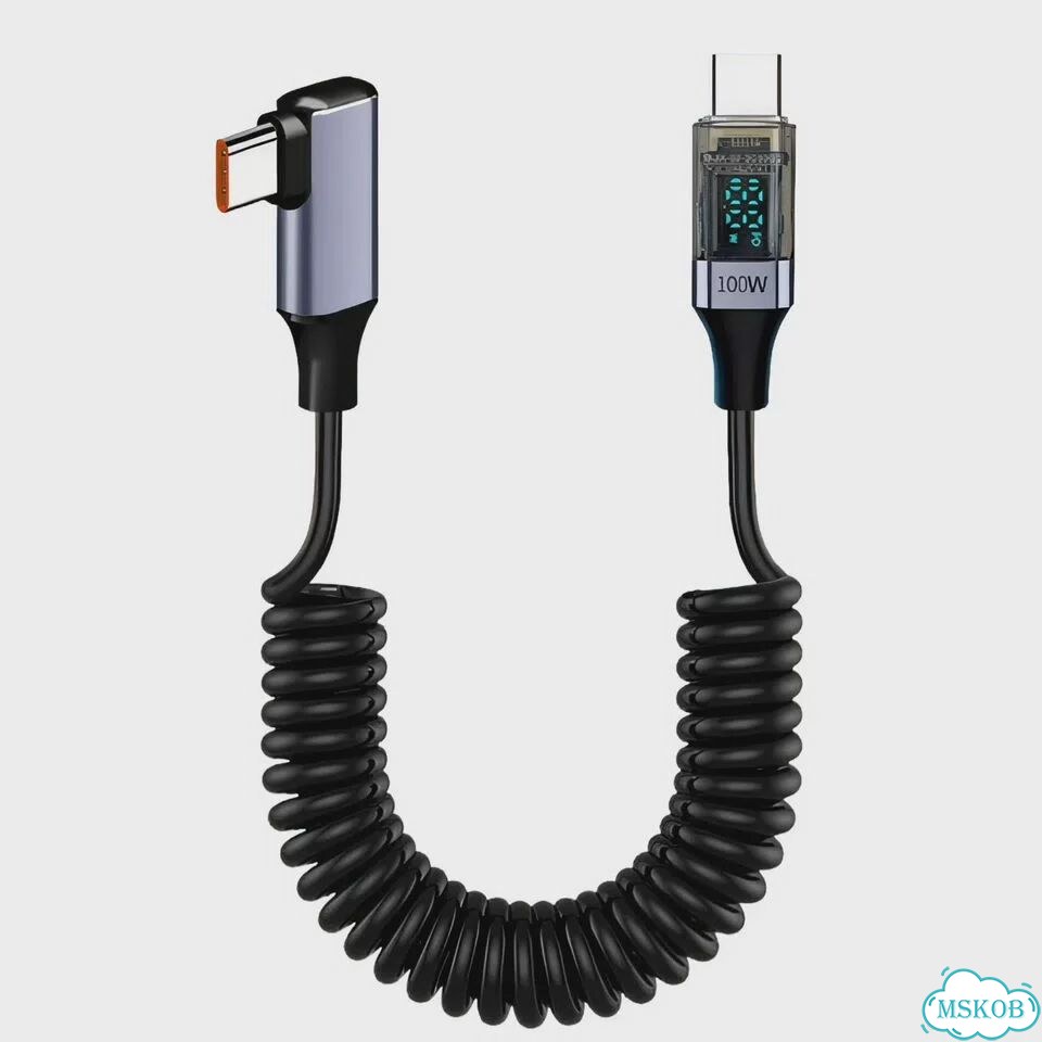 Спиральные кабели USB C до Type-C под прямым углом, 100 Вт PD, шнур для быстрой зарядки передачи дан фото 1