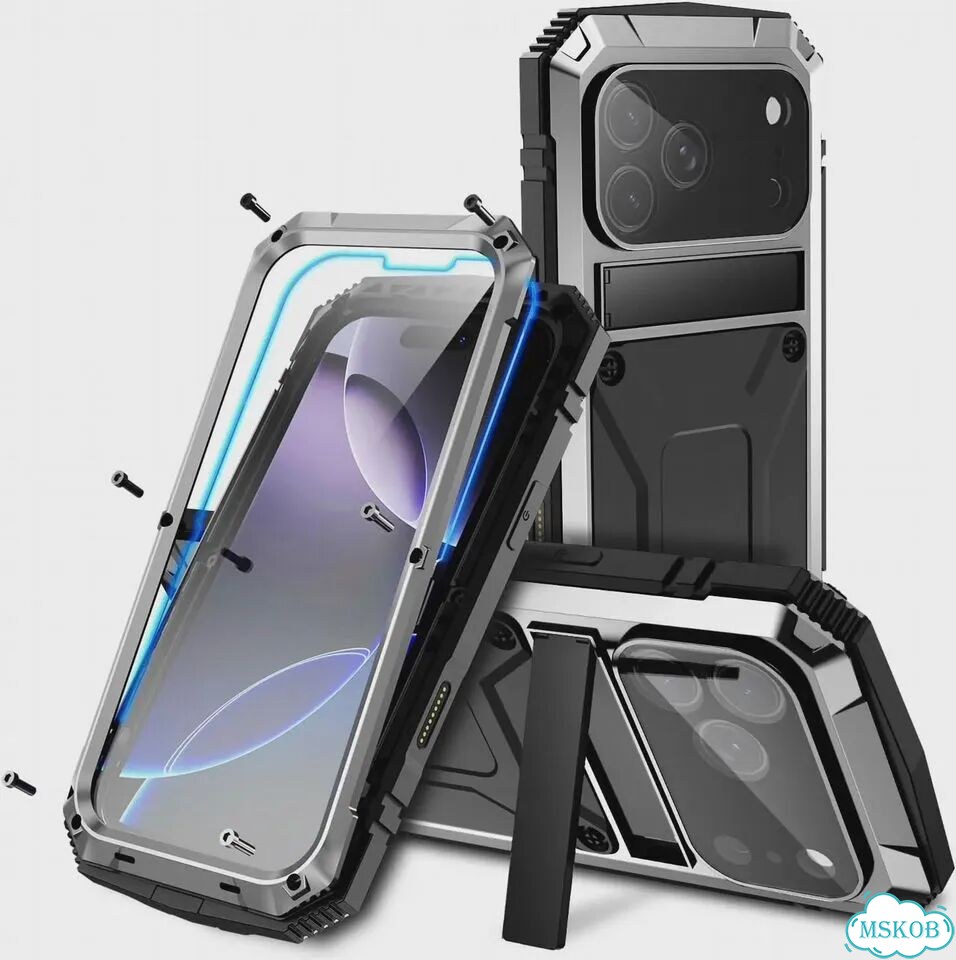 Металлический сверхпрочный чехол для iPhone Air 17 16e 16 15 Айфон 13 Про Макс, Черный, серебристый фото 1