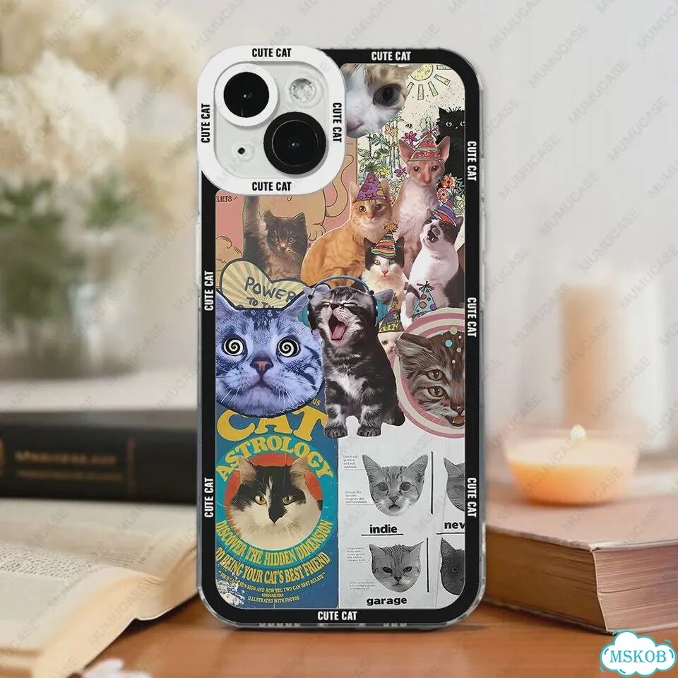 Милый и забавный чехол для телефона с коллажем кота для iPhone 16, 15, 14, 13 Pro Max E06, iPhone 12 фото 1