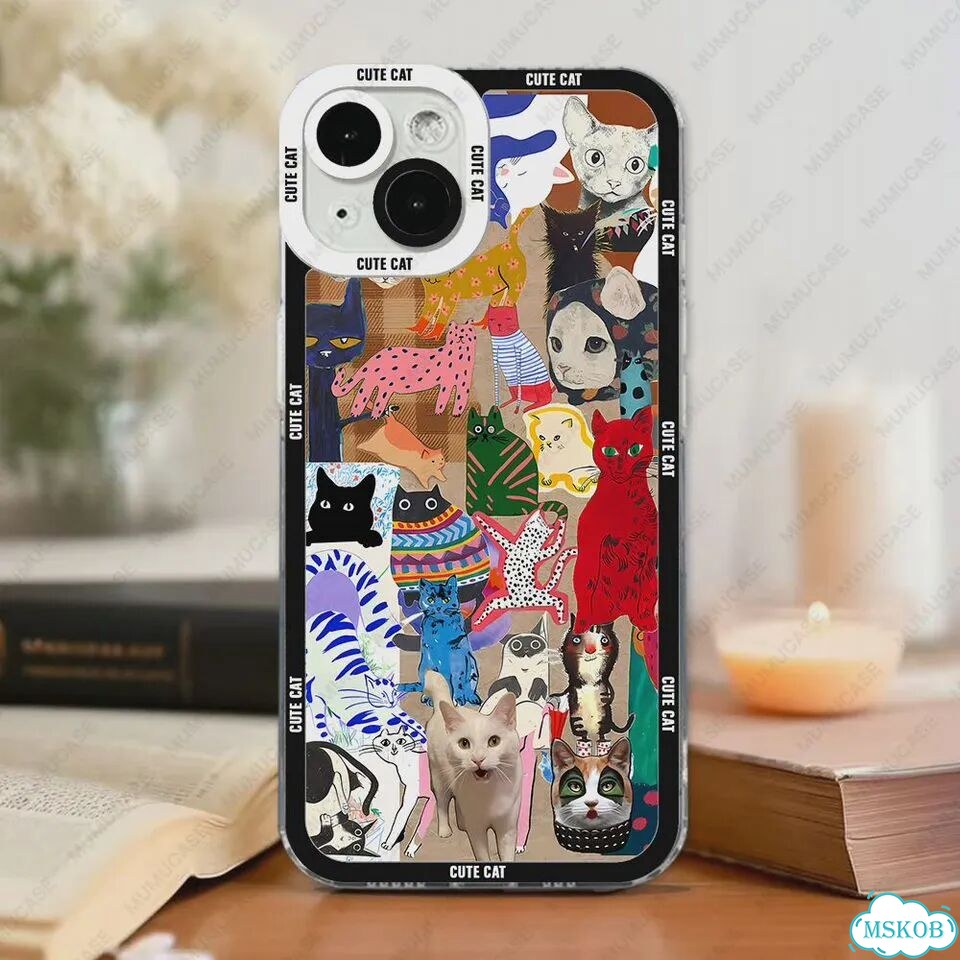 Милый и забавный чехол для телефона с коллажем кота для iPhone 16, 15, 14, 13 Pro Max E06, iPhone 12 фото 3