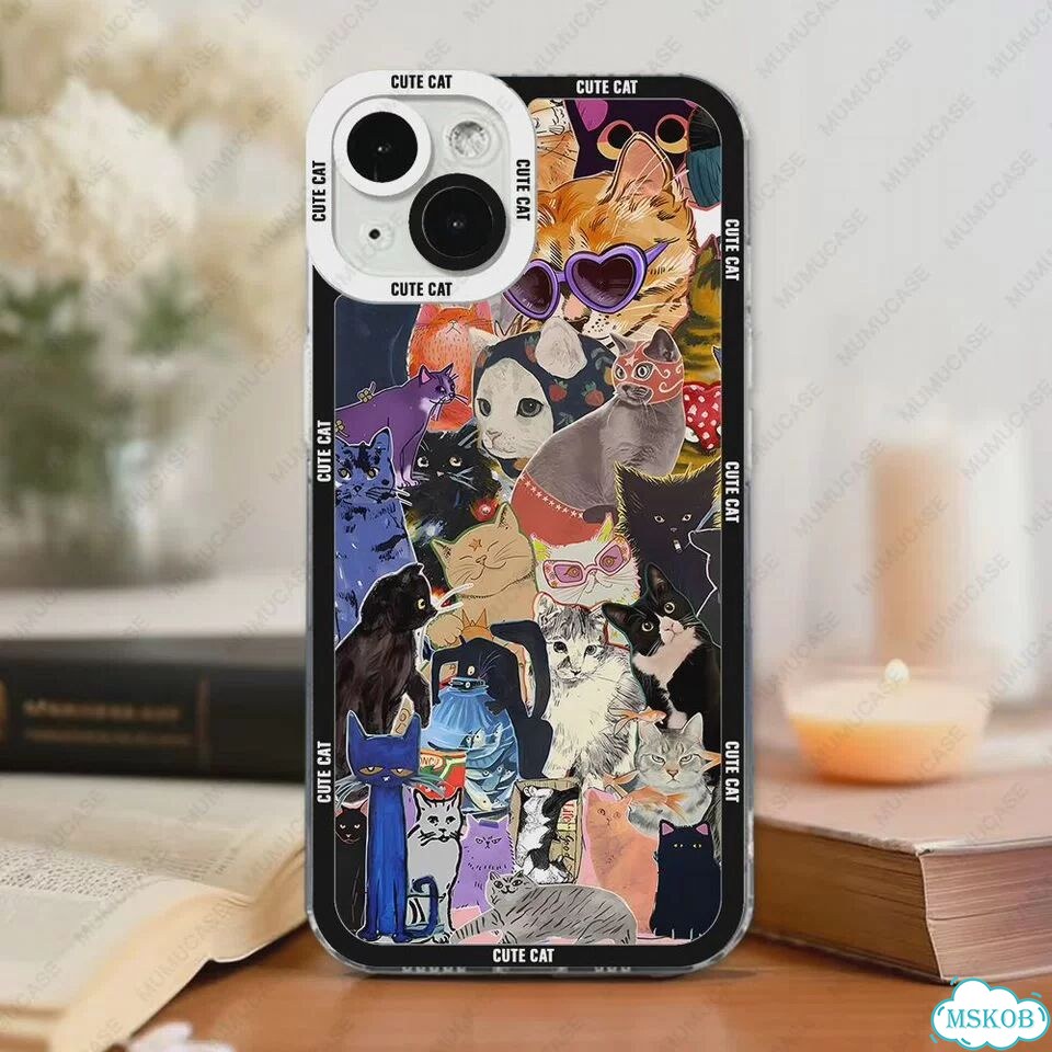 Милый и забавный чехол для телефона с коллажем кота для iPhone 16, 15, 14, 13 Pro Max E06, iPhone 12 фото 6