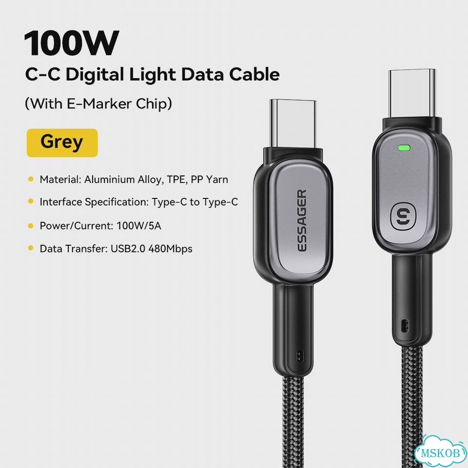 Кабель Essager типа C к типу C для iPhone 16 Huawei Xiaomi Samsung Macbook iPad PD 100 Вт, светодиод фото 1