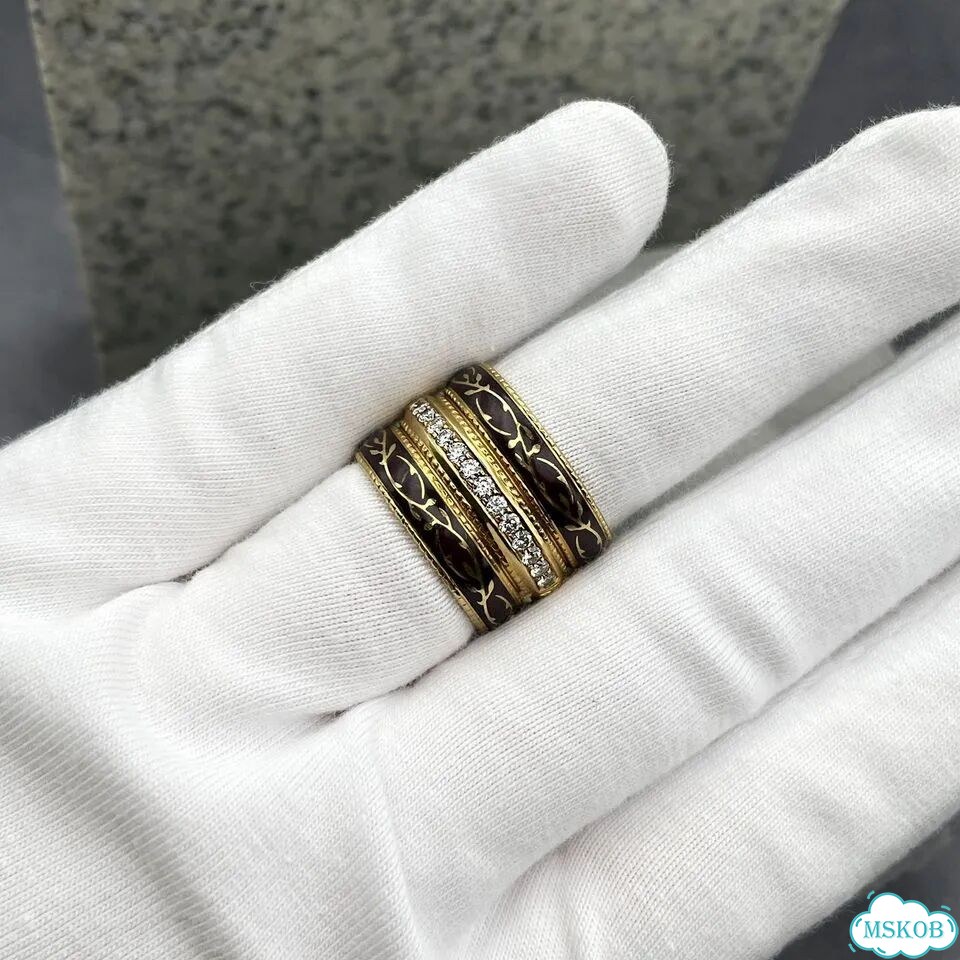 Золотое широкое кольцо эмаль бриллианты 0,84ct фото 2
