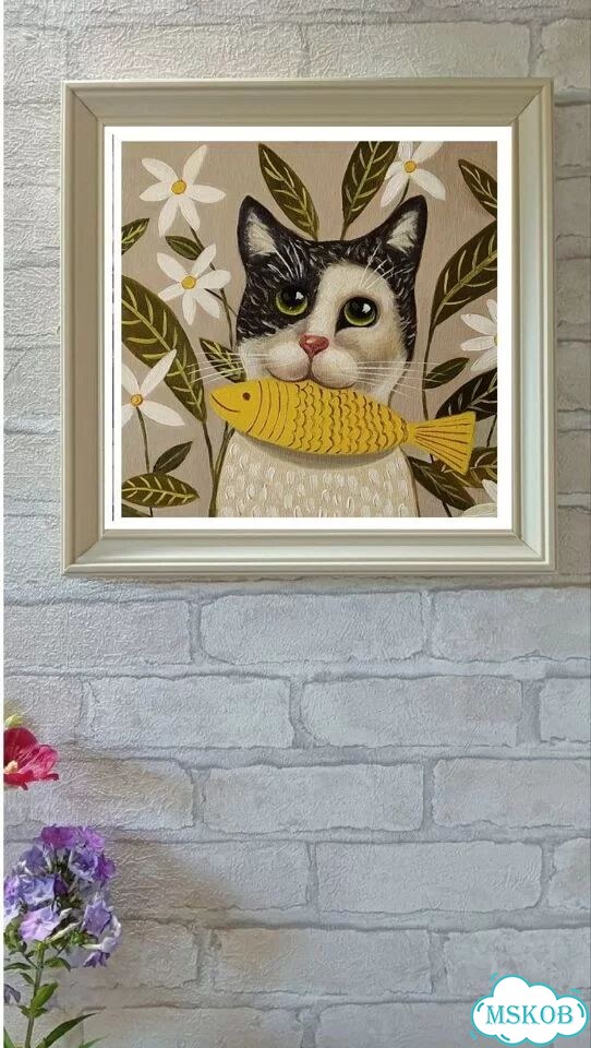Картина Котик с рыбой в цветах маслом на холсте фото 5