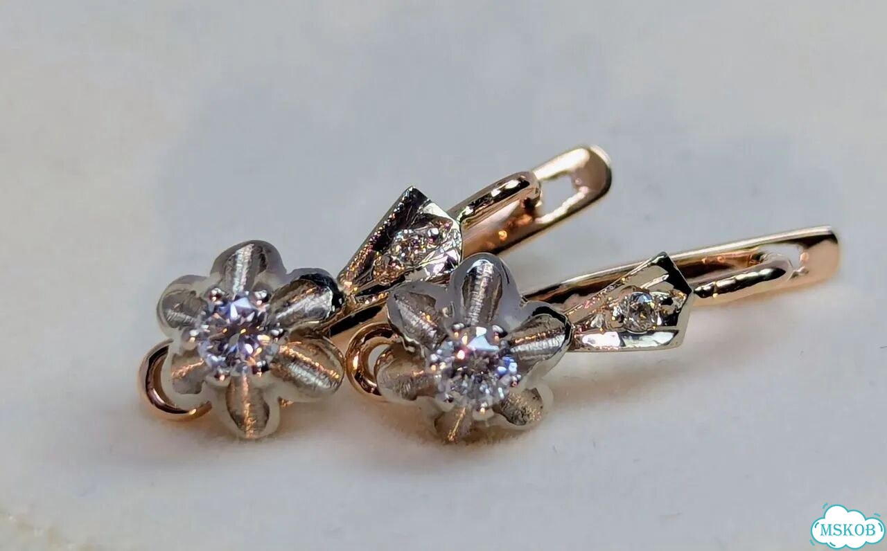 Золотые серьги с бриллиантами. 583. СССР.Тюльпаны фото 3