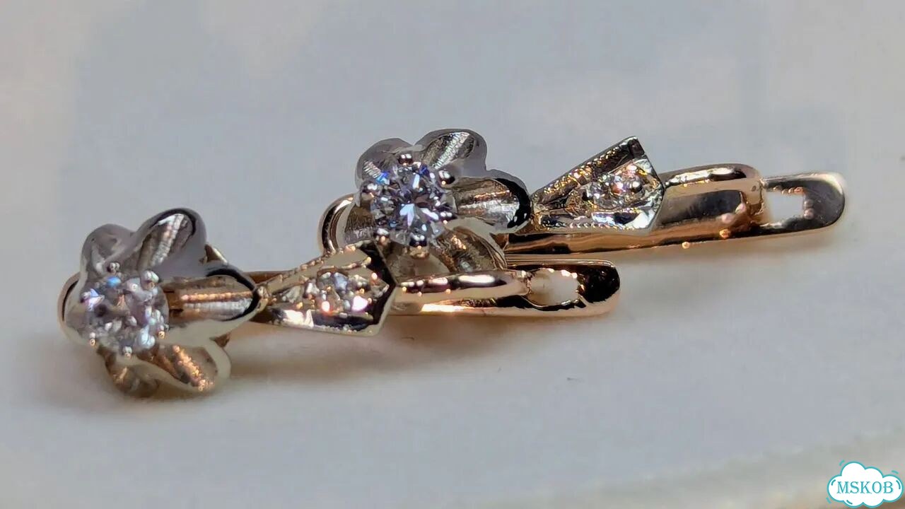 Золотые серьги с бриллиантами. 583. СССР.Тюльпаны фото 8
