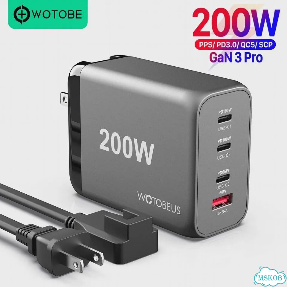 Сетевое зарядное устройство wotobe 200 Вт, PD Тип C, USB, быстрая зарядка PD100W PPS 65 Вт 200W EU фото 2