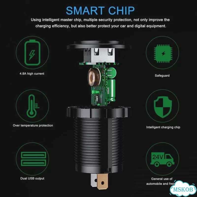 Автомобильное зарядное устройство с двумя USB-портами, 12 В/24 В, qc 3,0 Зеленый, Green with Wire фото 5