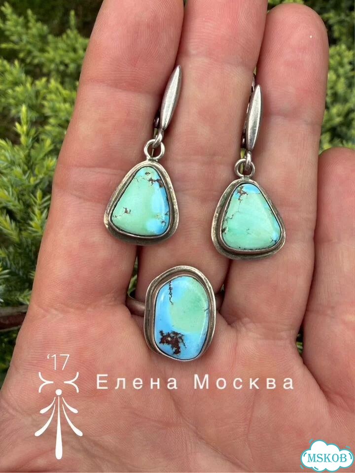 Винтаж: серьги кольцо бирюза серебро фото 1