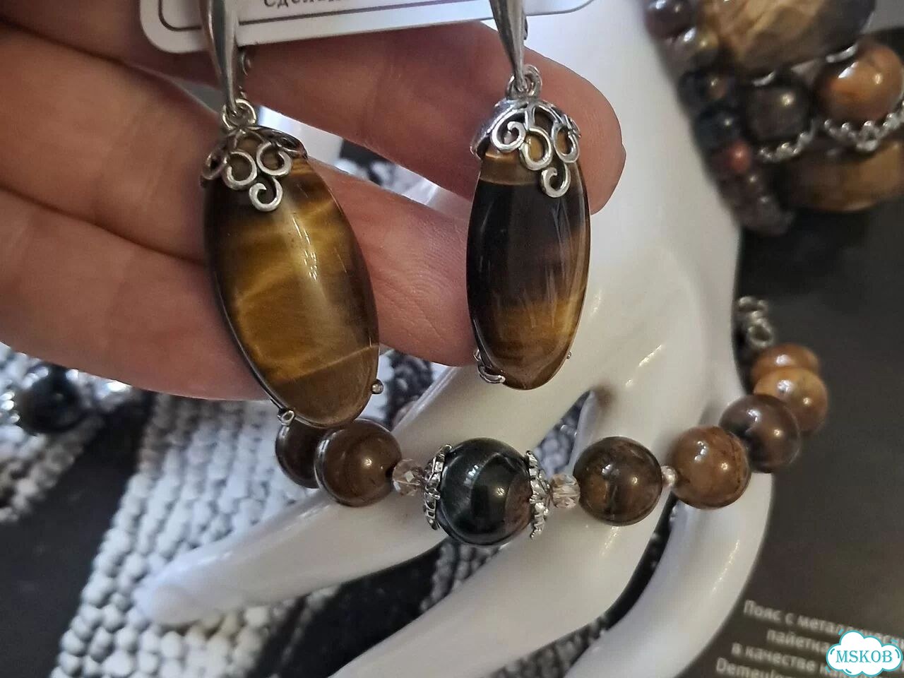 Красивые серьги с натуральным тигровым глазом фото 10