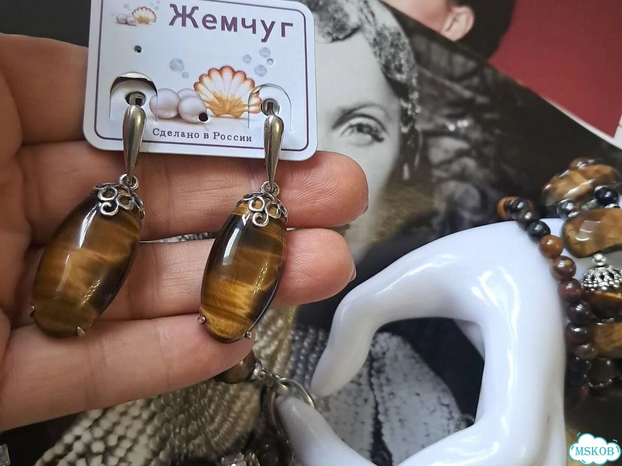 Красивые серьги с натуральным тигровым глазом фото 5